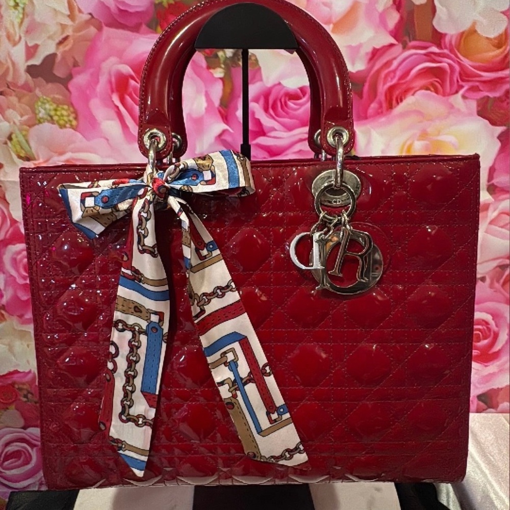 Dior Shiny Red Tote with Chain Scarf